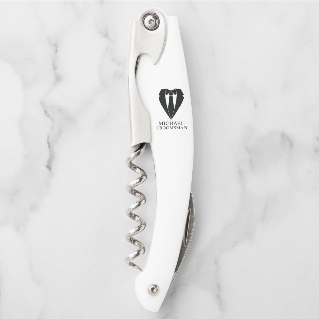 Schwarzer Hochzeitsanzug und Krawatte Personalisie Kellnermesser (Vorderseite)