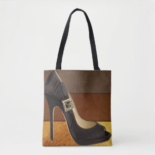 Schwarzer hoher Absatz mit braunen Goldfarben Tasche