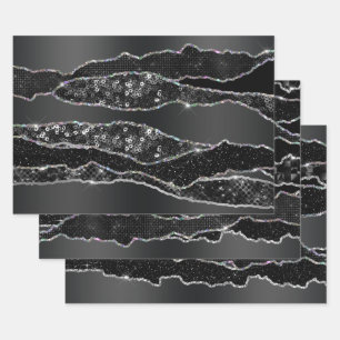 Schwarzer Holzkohle-Graufolie-Glitzer klassisch Geschenkpapier Set