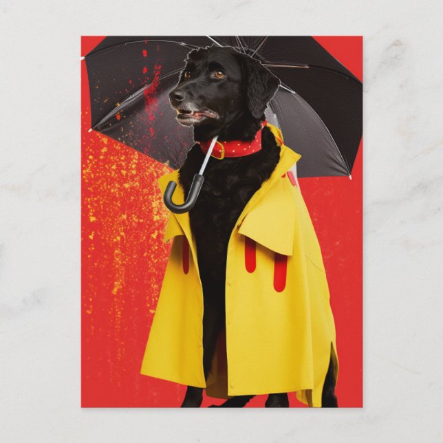 Schwarzer Hund in einem gelben Mantel Postkarte (Vorderseite)