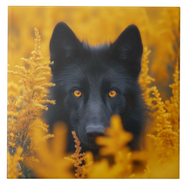 Schwarzer Hund mit Atemberaubenden Goldaugen Fliese (Vorderseite)