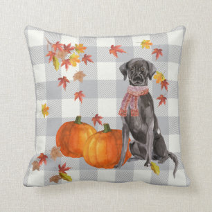 Schwarzer Hund mit Pumpkins Fallende Blätter Grau Kissen