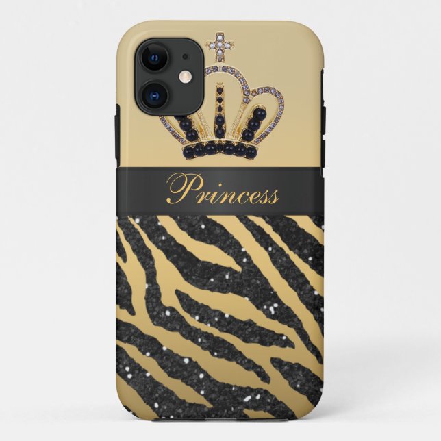 Schwarzer Imitat-Glitzerzebra-Druck u. Juwel-Krone Case-Mate iPhone Hülle (Rückseite)