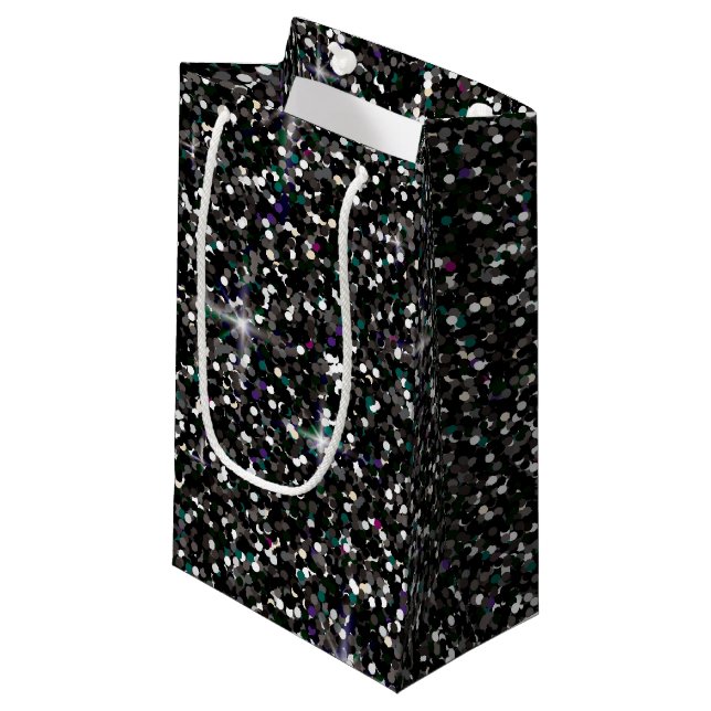 Schwarzer irisierender Glitzer Kleine Geschenktüte (Vorderseite Schrägansicht)