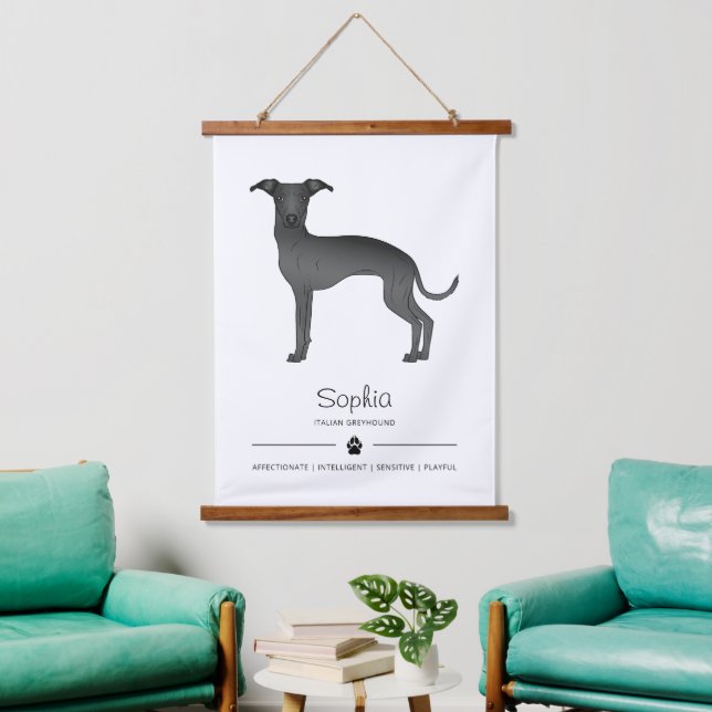 Schwarzer italienischer Grauhund mit Paste und ben Wandteppich Mit Holzrahmen (Wohnzimmer)