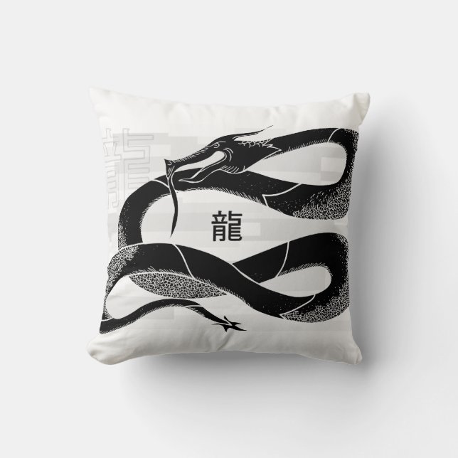 Schwarzer japanischer Drache-Weiß-Hintergrund Kissen (Vorderseite)