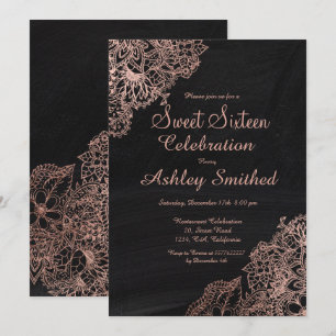 Schwarzer Kalkboard Rose Goldblüte Süß 16 Einladung