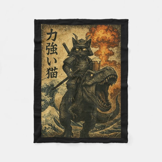 Schwarzer Katze Samurai Dinosaurier Meereswelle Fleecedecke (Vorderseite)