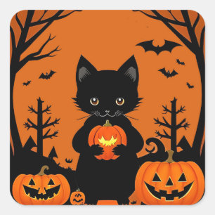 Schwarzer Katzen-Kürbis-Aufkleber für Halloween-De Quadratischer Aufkleber