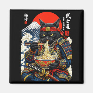 Schwarzer Katzen-Samurai isst Ramen lustige japani Magnet
