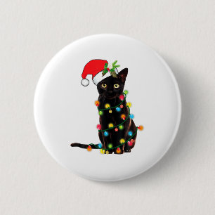 Schwarzer Katzen-Weihnachtsmann, verheddert in Wei Button