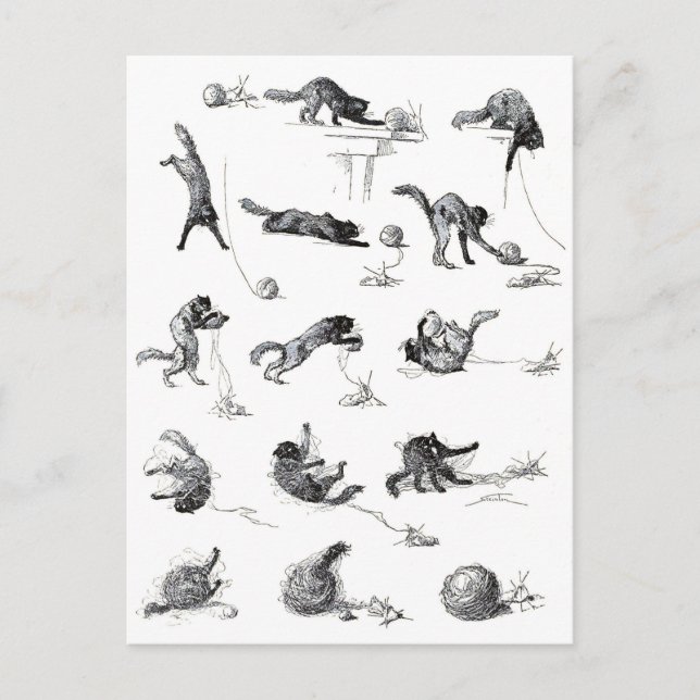 Schwarzer Katzenball und Wollgarnball, Alexandre S Postkarte (Vorderseite)