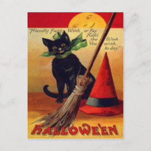 Schwarzer Katzenbesen Hexenhut Vollmond Postkarte