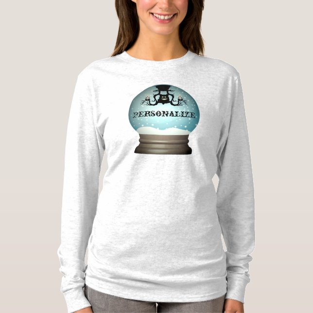 Schwarzer Katzenfall Kronleuchter Schneeglobe blau T-Shirt (Vorderseite)