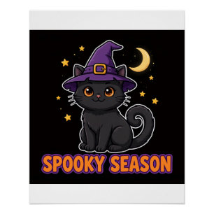 Schwarzer Katzenhexenhut Halloween Poster