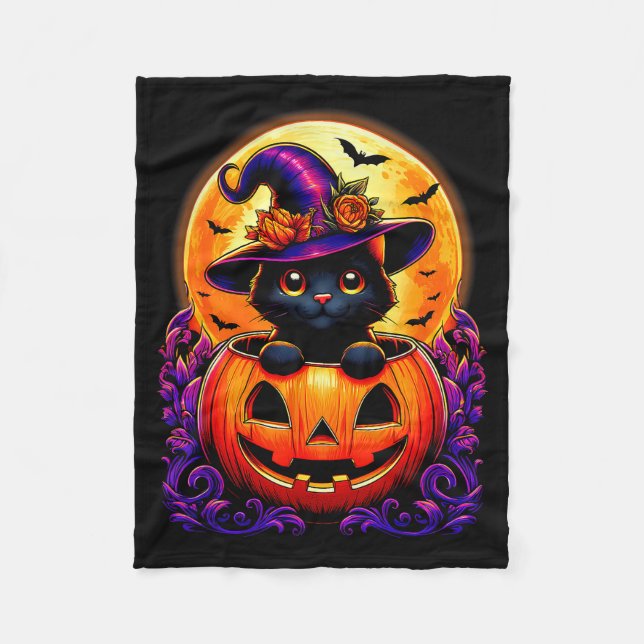Schwarzer Katzenhexenhut-Kürbis Lustiger Halloween Fleecedecke (Vorderseite)