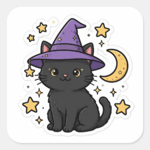 Schwarzer Katzenhexenhut Süßer Halloween-Aufkleber Quadratischer Aufkleber