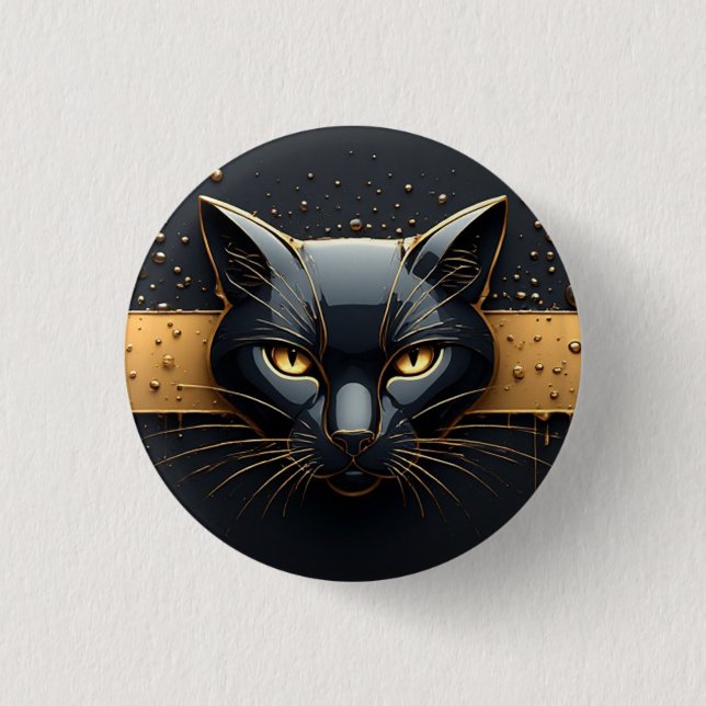 Schwarzer Katzenkopf mit goldenem Tropfendesign 🐈 Button (Vorderseite)