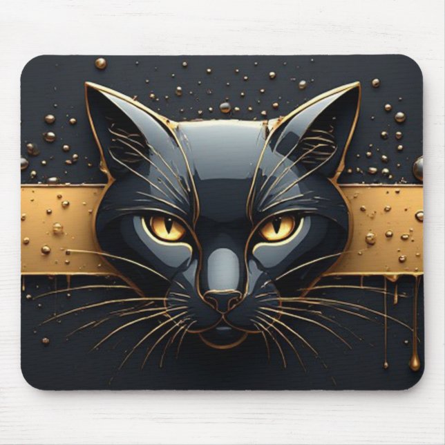 Schwarzer Katzenkopf mit goldenem Tropfendesign 🐈 Mousepad (Vorne)