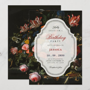 Schwarzer klassischer vintage Blumenstrauß Geburts Einladung
