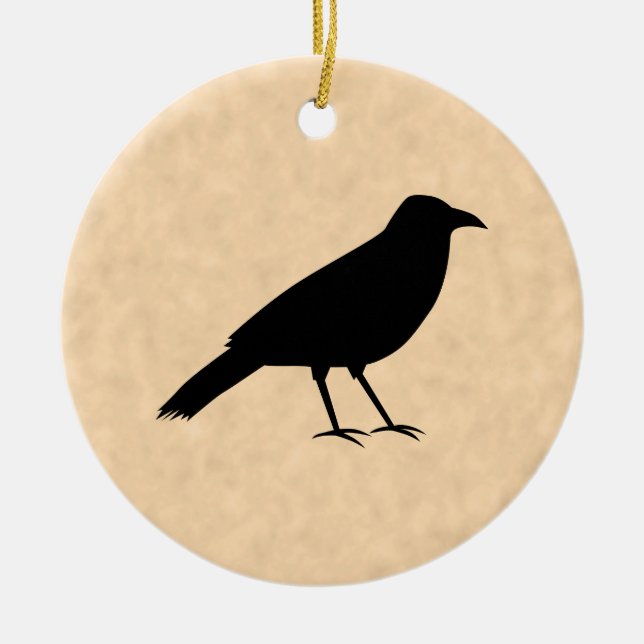 Schwarzer Krähen-Vogel auf einem Pergament-Muster Keramik Ornament (Vorne)