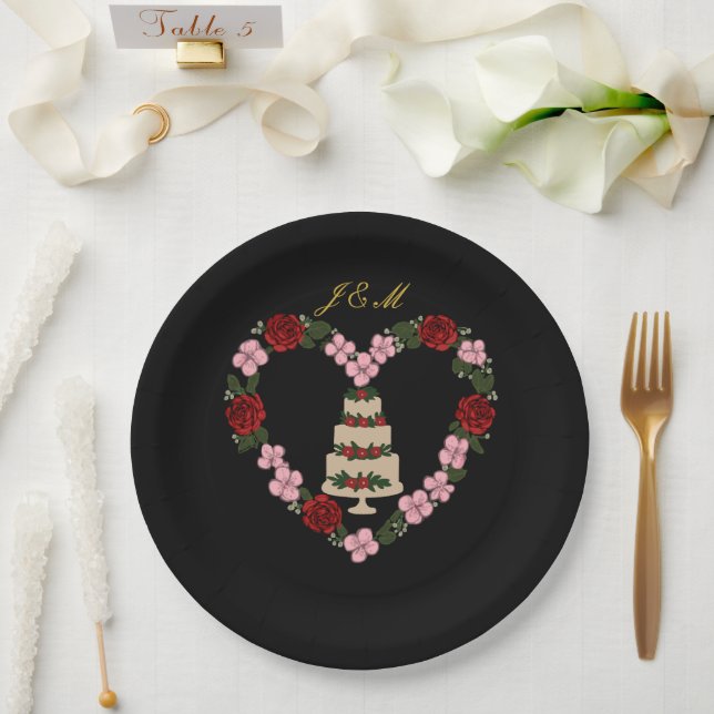 Schwarzer Kuchenaufsatz mit rotem Rosenherz Pappteller (Hochzeit)