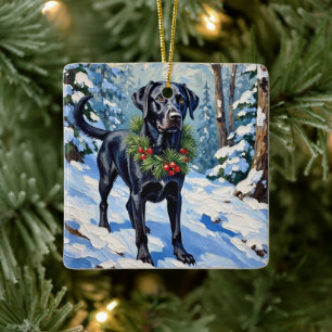Schwarzer Lab Serene Winterwald Weihnachten Keramikornament
