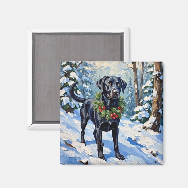Schwarzer Lab Serene Winterwald Weihnachten Magnet (Vorderseite/Rückseite)