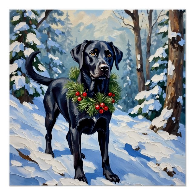 Schwarzer Lab Serene Winterwald Weihnachten Poster (Vorderseite)