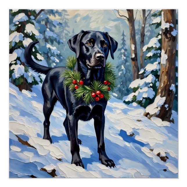 Schwarzer Lab Serene Winterwald Weihnachten Poster (Vorderseite)