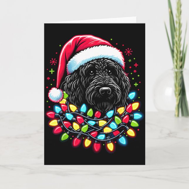 Schwarzer Labradoodle Weihnachtsbaum Xmas Lichter  Karte (Vorderseite)