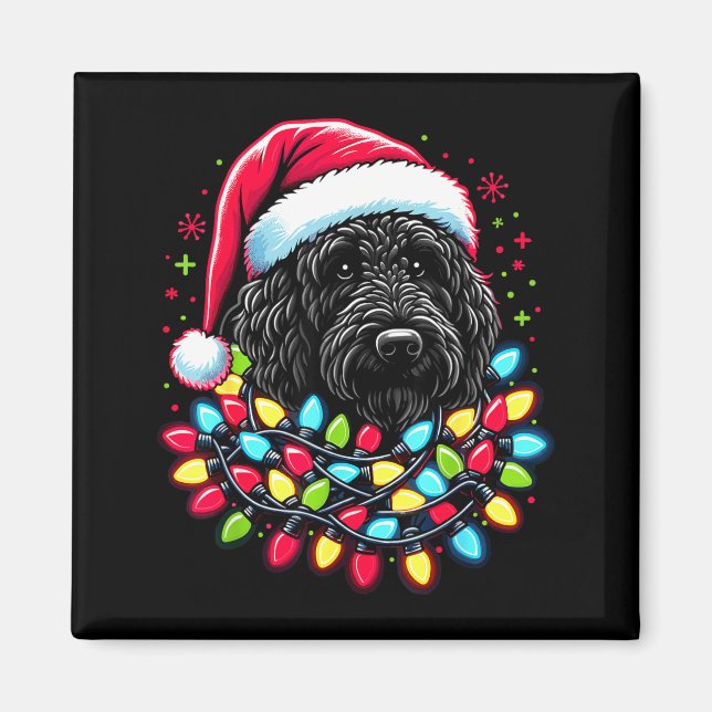 Schwarzer Labradoodle Weihnachtsbaum Xmas Lichter  Magnet (Vorne)