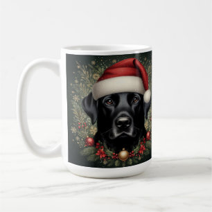 Schwarzer Labrador Hund in Weihnachtsmannmütze Kaffeetasse