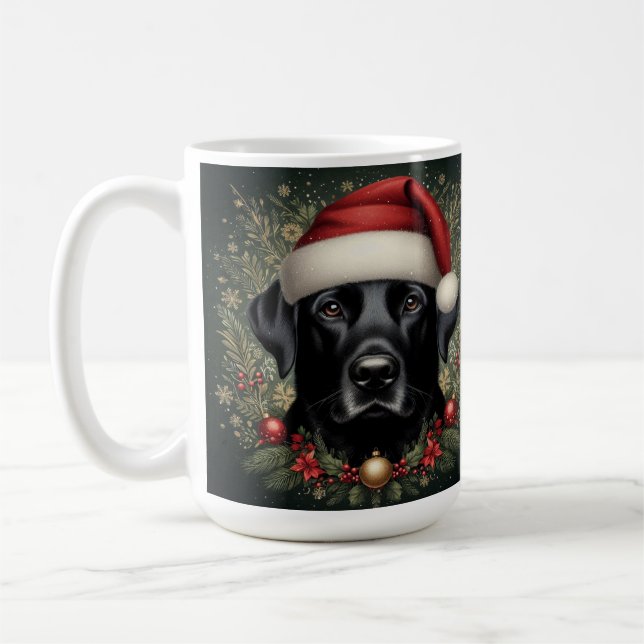 Schwarzer Labrador Hund in Weihnachtsmannmütze Kaffeetasse (Links)