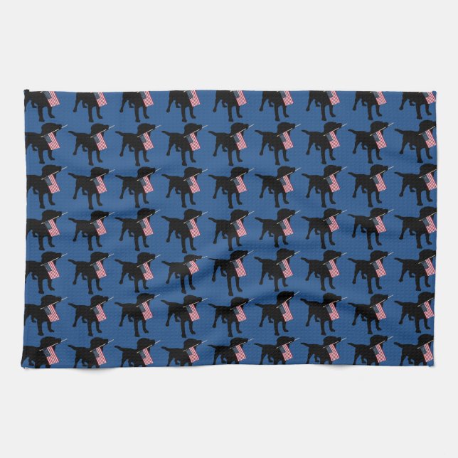 Schwarzer Labrador-Hund mit amerikanischer Flagge Küchentuch (Horizontal)