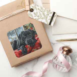 Schwarzer Labrador-Hund Weihnachtsfestlich Quadratischer Aufkleber