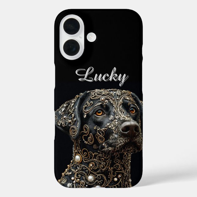 Schwarzer Labrador mit Gold und Perle iPhone 16 Hülle (Rückseite)