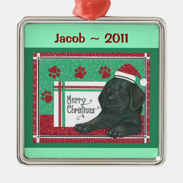 Schwarzer Labrador-personalisierte Verzierung Silbernes Ornament (Vorne)