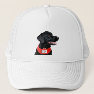 Schwarzer Labrador Retriever mit rotem Halsband Truckerkappe