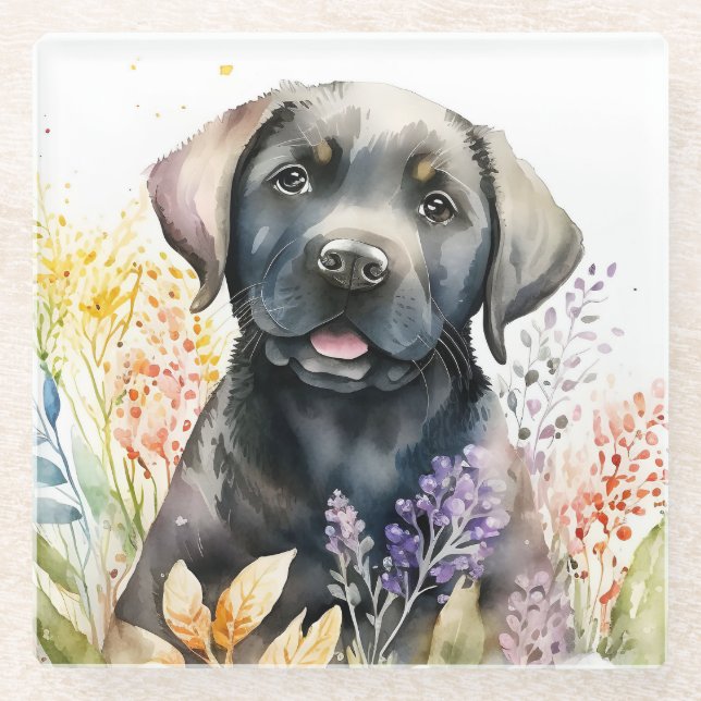 Schwarzer Labrador-Retriever und Blume Glasuntersetzer (Vorderseite)
