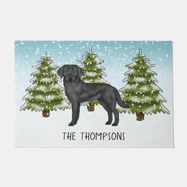 Schwarzer Labrador Retriever Winter Forest Individ Fußmatte (Vorderseite)