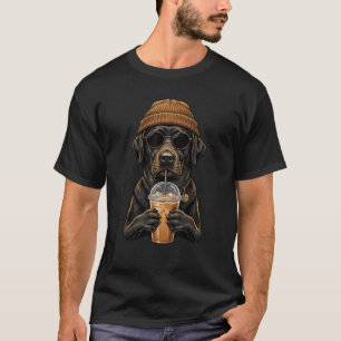 Schwarzer Labrador trinkt eisgekühlten Kaffee Hips T-Shirt