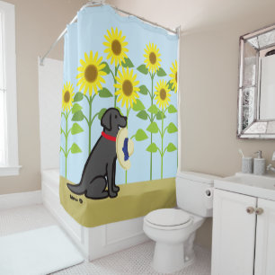 Schwarzer Labrador- und Sonnenblume-Sommer Duschvorhang