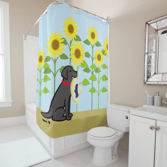 Schwarzer Labrador- und Sonnenblume-Sommer Duschvorhang (Beispiel)