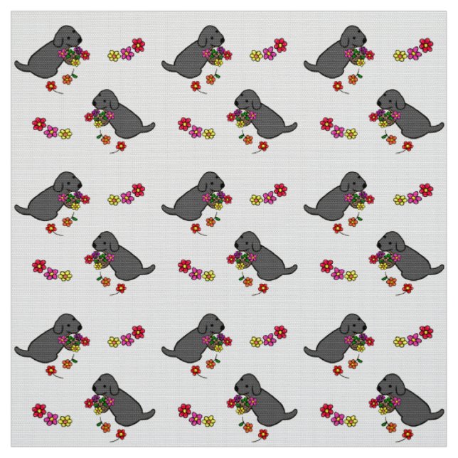 Schwarzer Labrador-Welpen-Blumen-Korb-Cartoon Stoff (Muster)