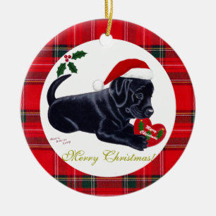 Schwarzer Labrador-Welpenwelpen-Weihnachtsmannmüt Keramik Ornament