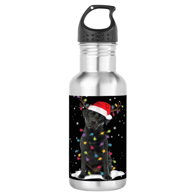 Schwarzer Labrador Xmas Hund Weihnachtsbaum Licht  Edelstahlflasche (Vorderseite)