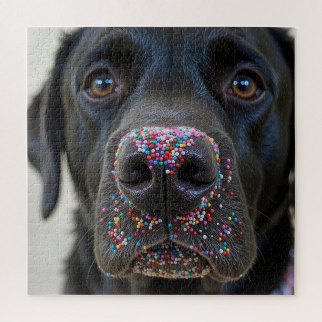 Schwarzer Labradorhund mit Streuseln (Vertikal)