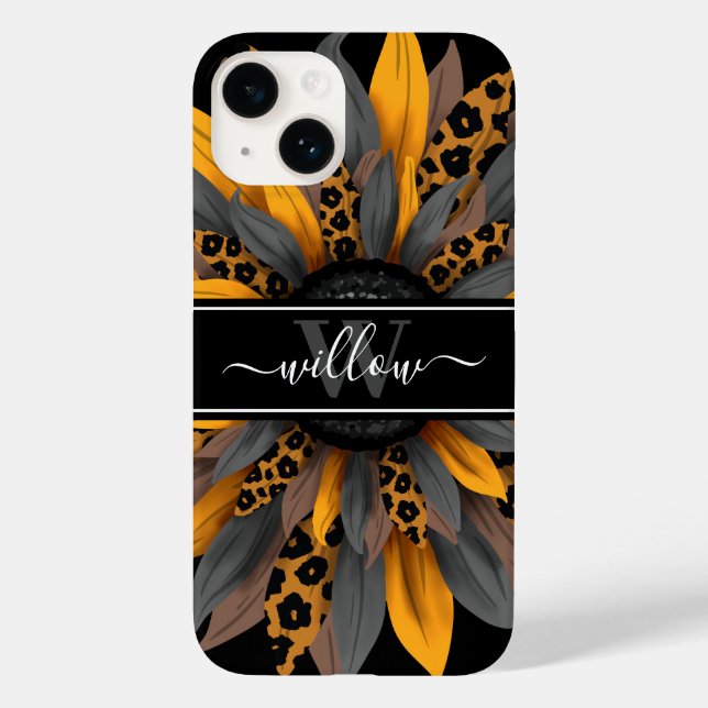 Schwarzer Leopard-Flecken Sonnenblumenname Monogra Case-Mate iPhone 14 Hülle (Rückseite)