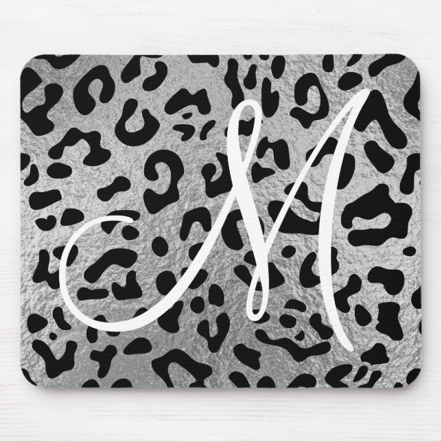 Schwarzer Leopard und Imitate Silver Foil Monogram Mousepad (Vorne)